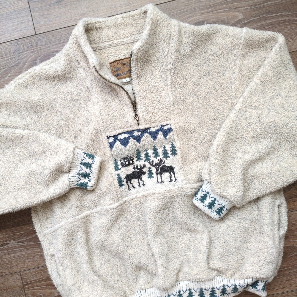 Vtg 90s Alps Fleece Moose Moutain 1/4 Zip Fleece Sweatshirt Cabincore Outdoors L
